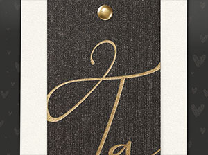 Vergrößerte Abbildung Schwarzer Metallic-Karton, oben mit Messingniete, unten mit goldenem Foliendruck.