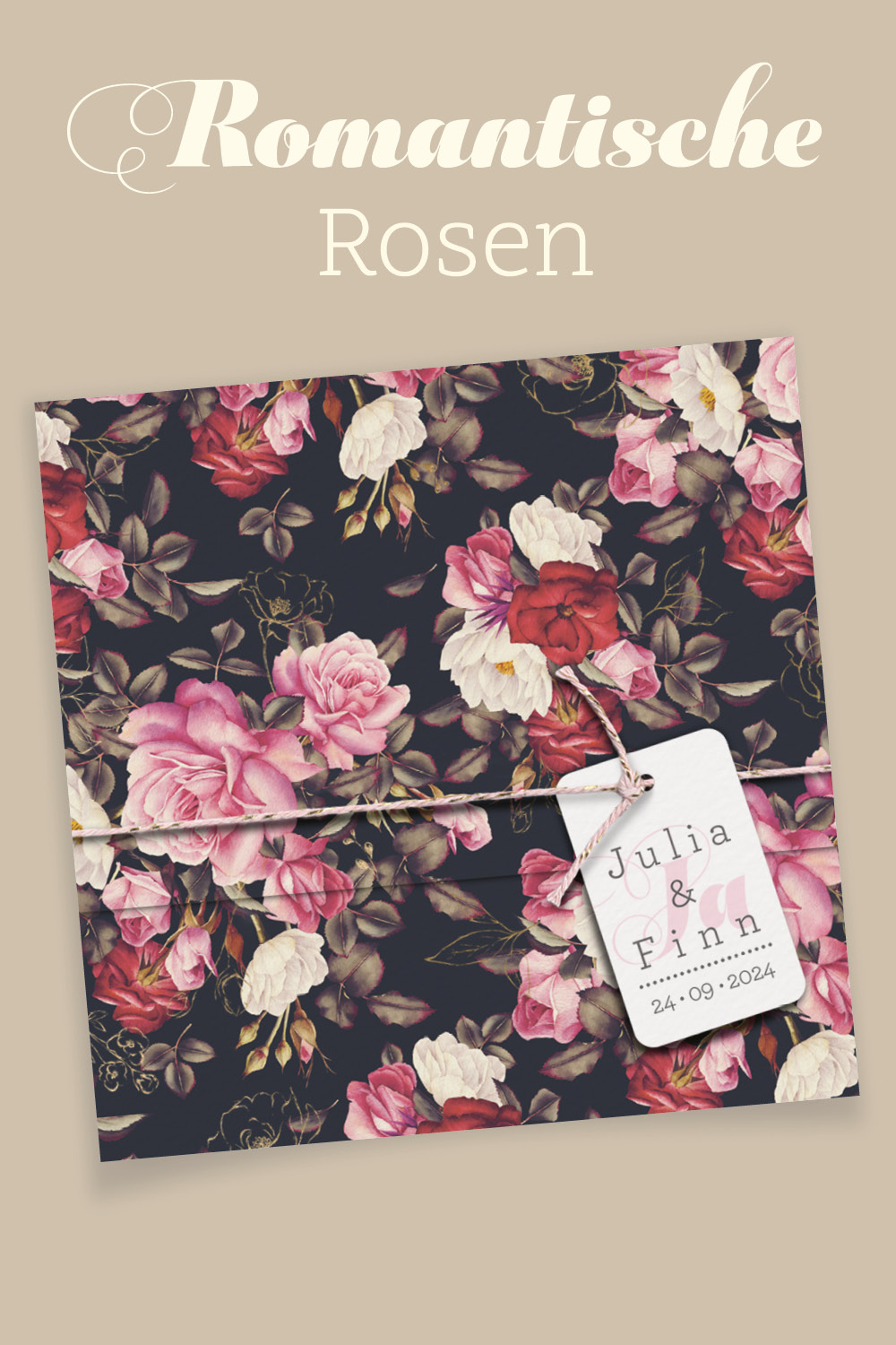 Hochzeitseinladungen mit Rosen-Aquarell. Gefertigt aus mattem Aquarellkarton, in Form einer Tasche. Verschlosen werden die Karten mit einer Kordel. An die Kordel können kleine Kärtchen angeknüpft werden.