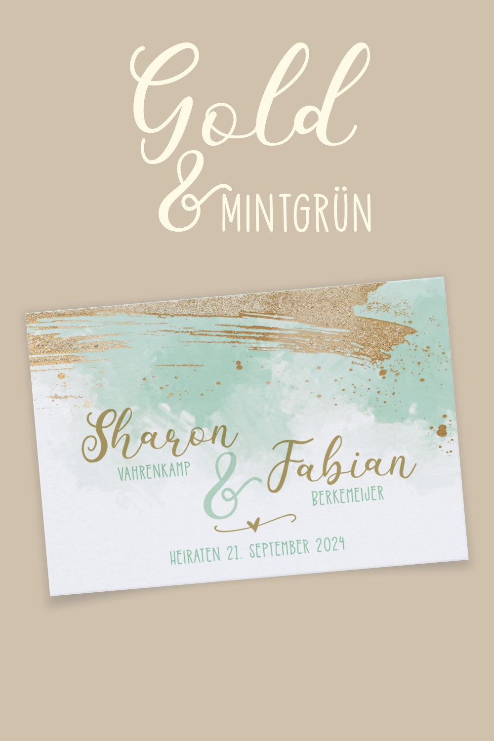Die modernen Hochzeitseinladungen in Mintgrün und Gold.