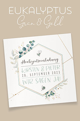 Cremefarbene, quadratische Hochzeitskarten mit Eukalyptus-Zweigen