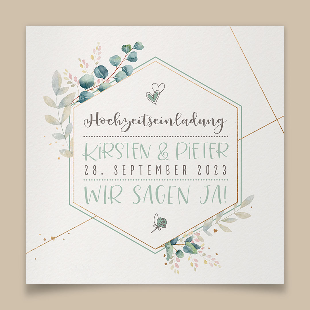 Vergrößerte Abbildung Cremefarbene, quadratische Hochzeitskarten mit Eukalyptus-Zweigen