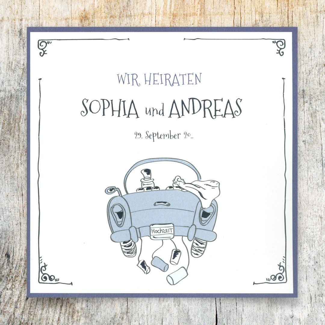 Vergrößerte Abbildung Weiße Karte mit im Comic-Style gezeichneten PKW und angeknüpften Dosen.