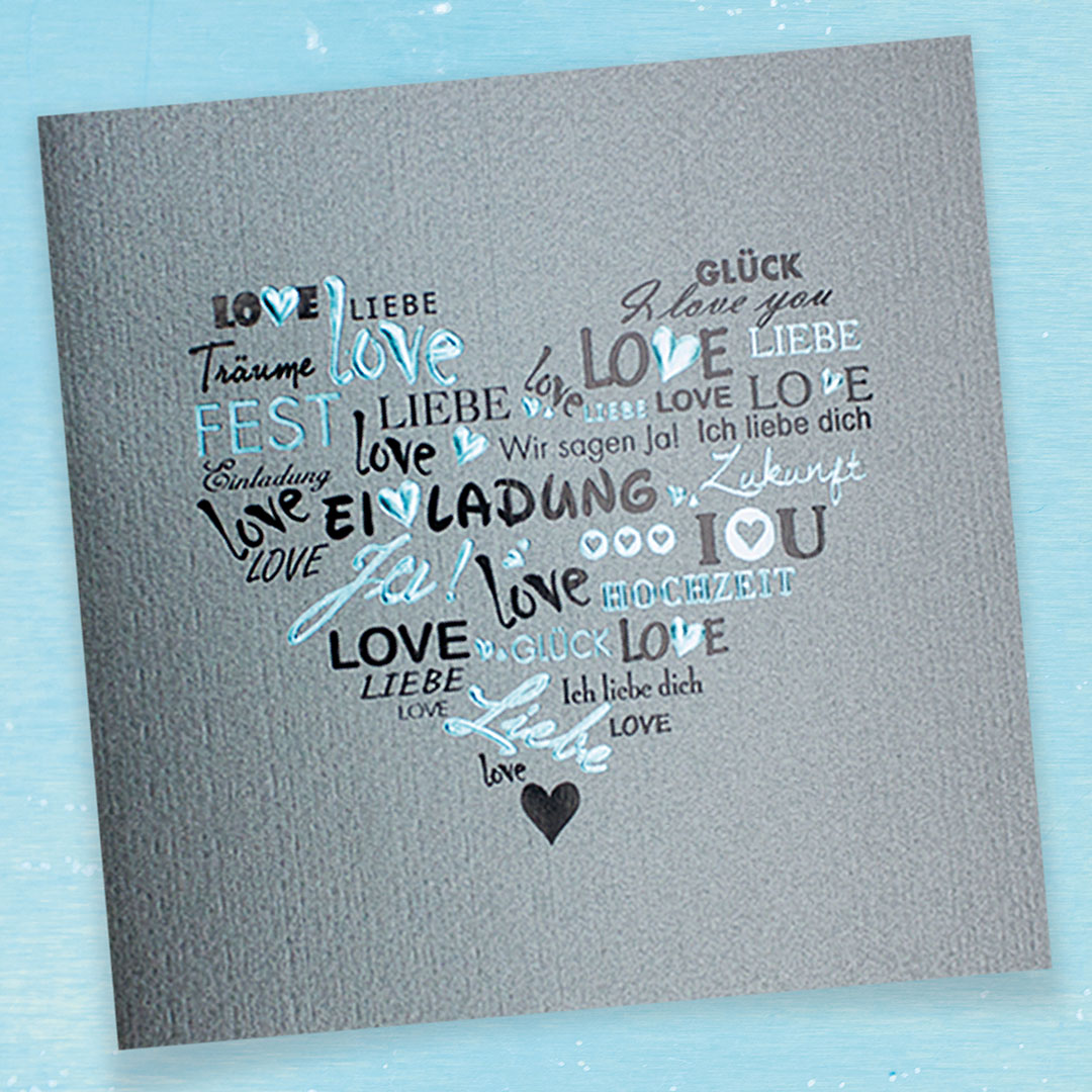 Deutsch-englische Hochzeitseinladungen – vergrößerte Abbildung Deutsch-englische Hochzeitseinladungen, türkis, silber