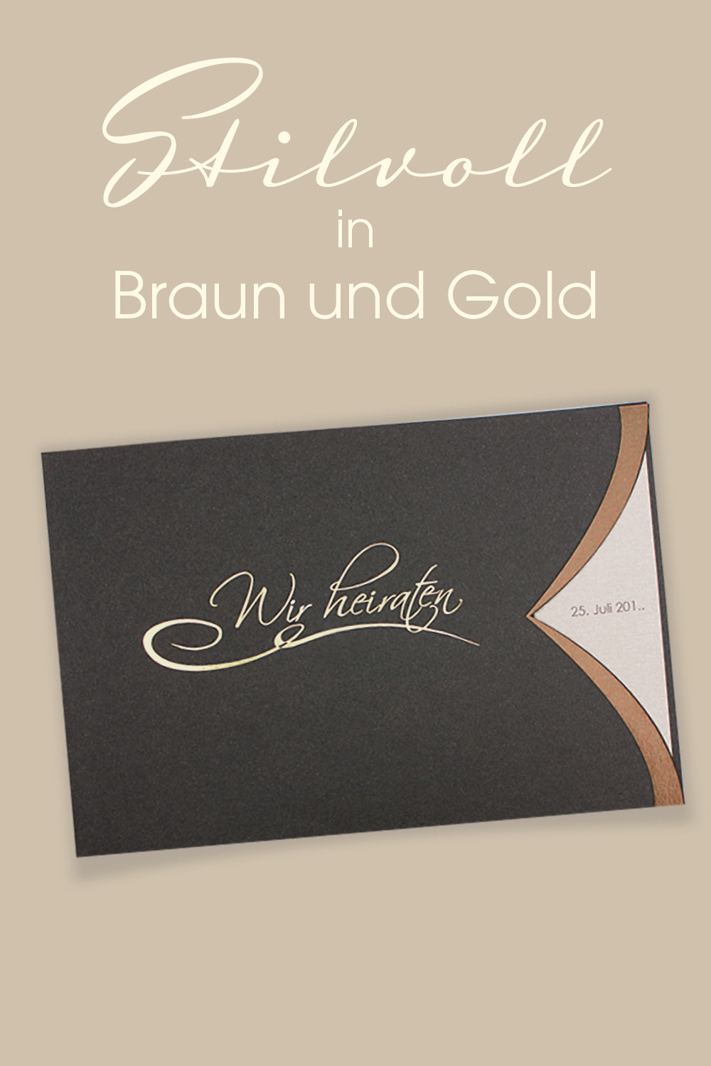 Elegante Hochzeitseinladungen, braun, gold und kupfer.