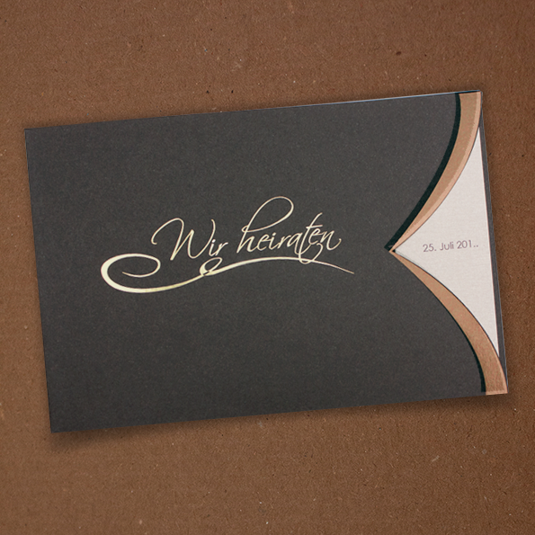 Elegante Hochzeitseinladungen – vergrößerte Abbildung Elegante Hochzeitseinladungen, braun, gold und kupfer.