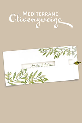 Weiße Hochzeitseinladung mit grünen Olivenzweigen oben und unten.