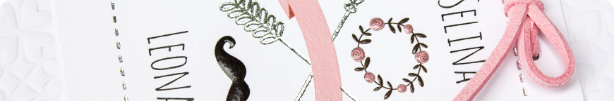 Weiße Hochzeitseinladungen mit Schnurrbart - Schmuckbild oben